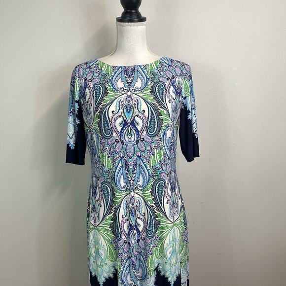 Eliza J Dress size 6 Blue Green White Paisley Straight Stretch Modest Career - Picture 4 of 11